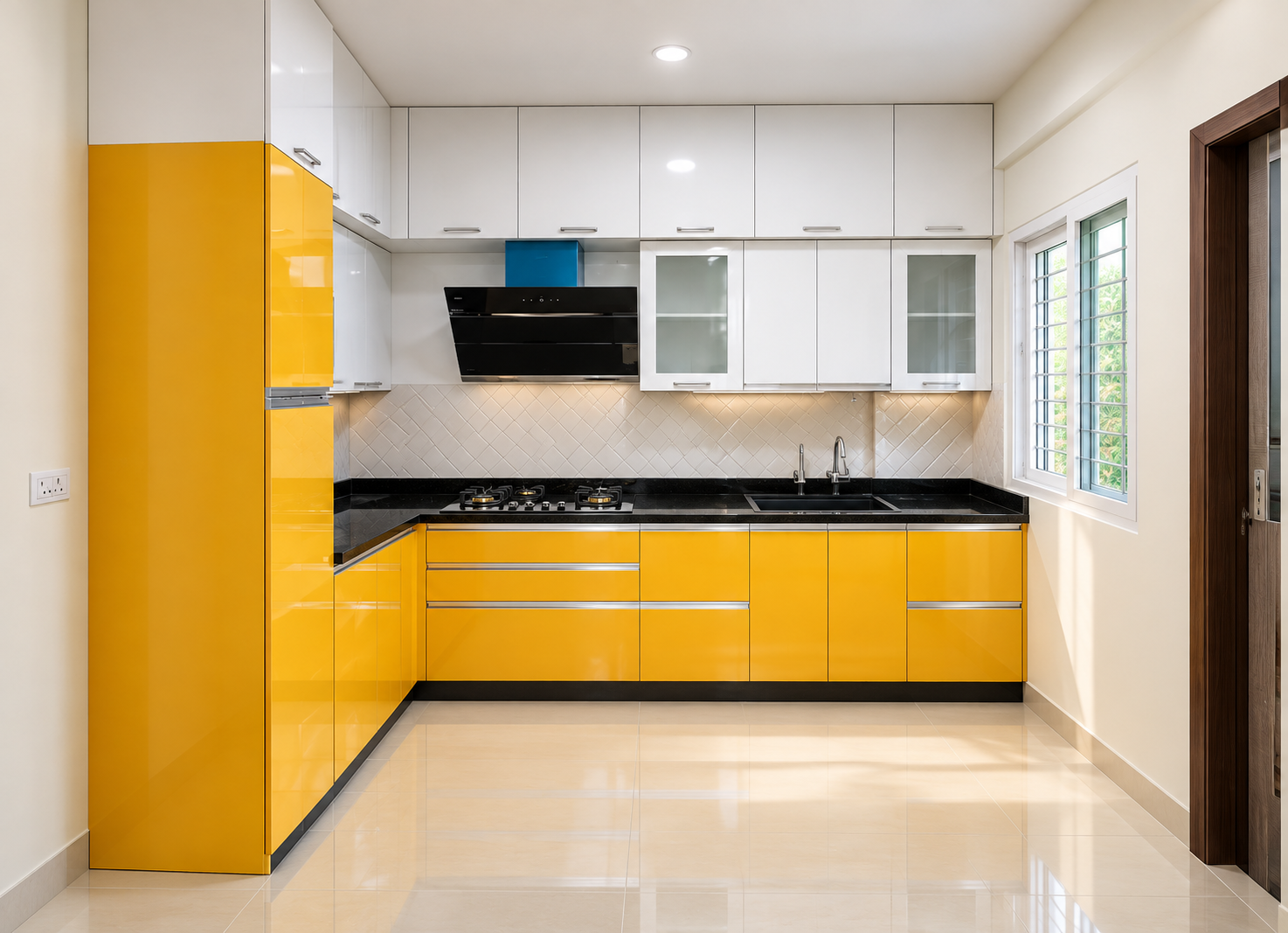 Modular kitchen with glossy yellow and white cabinetry built by V Max Modular