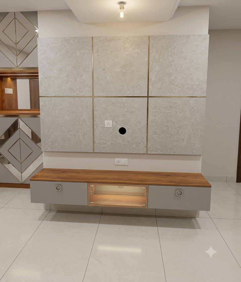 TV wall unit with textured stone panelling built by V Max Modular